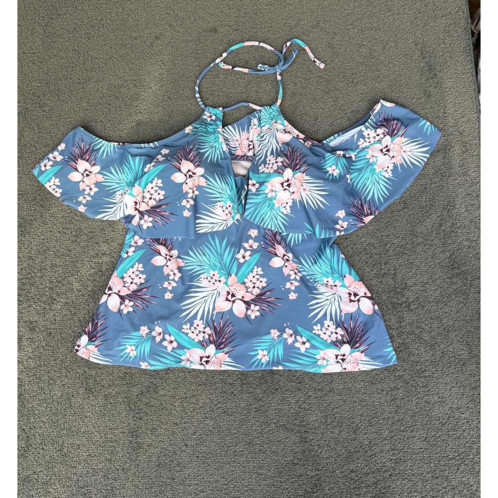 Raisins Curve Blue Tropical Floral Cold Shoulder Ruffle Tankini Top 16W E840520